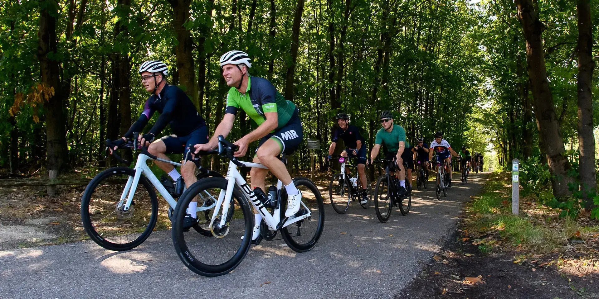 Een groep wielrenners fietst over een bosrijk pad op een zonnige dag.