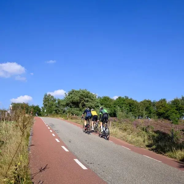 Drie wielrenners fietsen samen een heuvel op onder een heldere blauwe lucht.