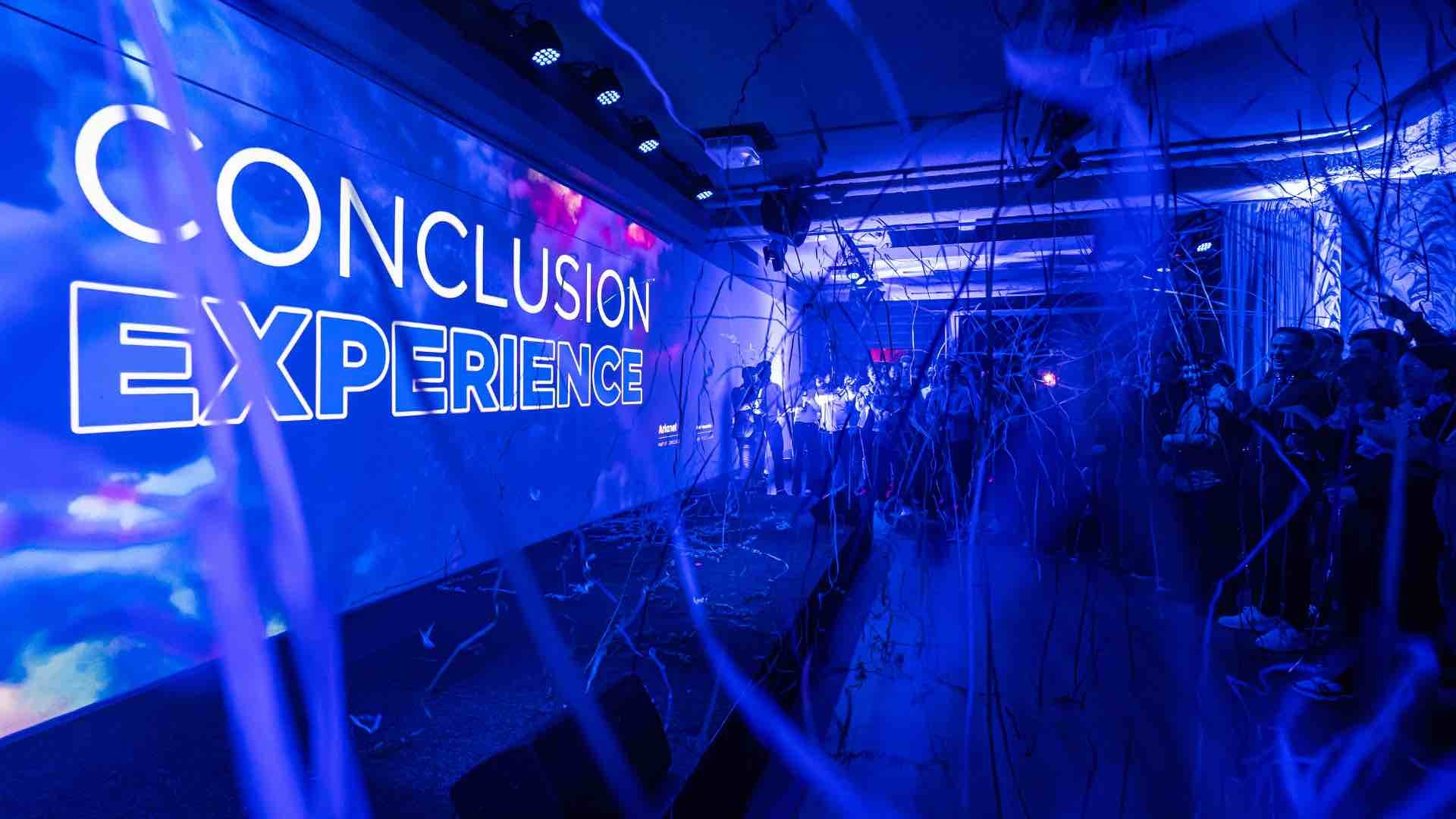 Blue-lit stage with the 